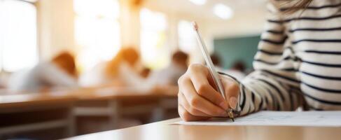 The student's hand diligently writing notes during an important classroom exam. photo