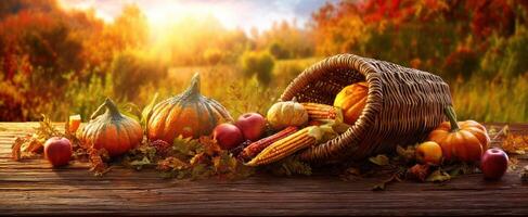 The Cornucopia Overflowing with Autumn Harvest Fruits and Vegetables photo
