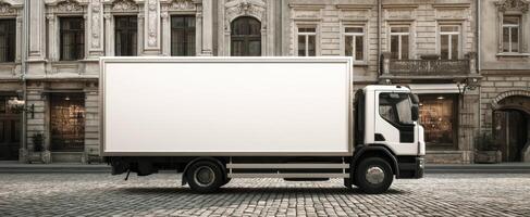 The blank white truck parked in a historic urban environment. photo