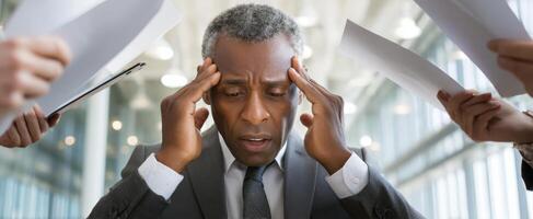 The stressed businessman overwhelmed by paperwork and workplace pressure photo