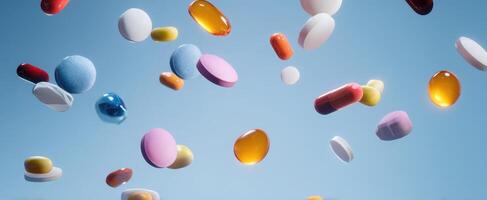 The colorful assortment of floating pills and capsules against a blue backdrop. photo