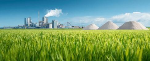 The factory overlooking fields with grains and mounds of materials. photo