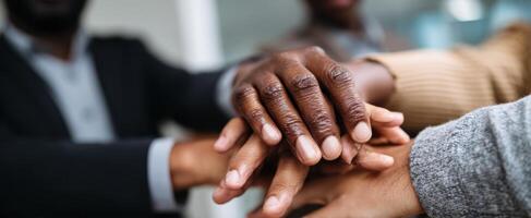 The unity of hands symbolizes strong teamwork and collaboration in a professional setting. photo