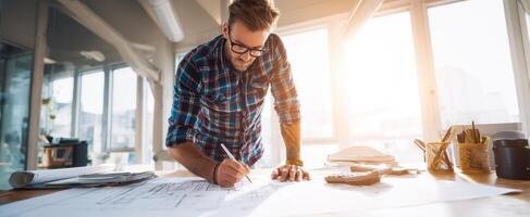 The architect sketching plans in a modern workspace illuminated by sunlight. photo