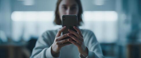 The young woman focused on her smartphone in a modern workspace environment. photo