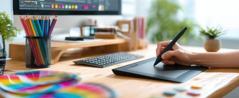 The creative workspace featuring a graphics tablet and digital design elements. photo