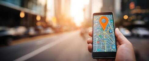 The smartphone displaying a GPS map with a location marker in an urban setting. photo