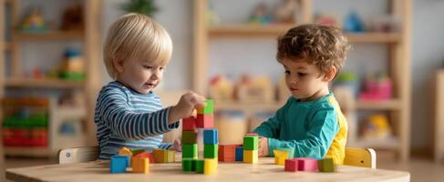 The joyful children constructing colorful block towers during playtime activities. photo
