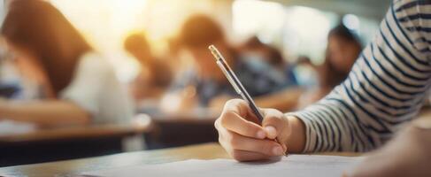 The focused student writing in a classroom during an important examination session. photo