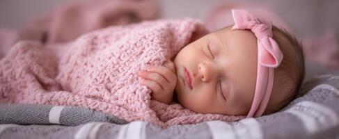 The sleeping baby wrapped in a pink blanket with a matching headband. photo