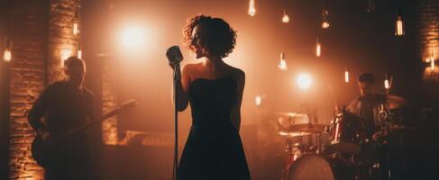The captivating singer performing with a live band under warm spotlight. photo