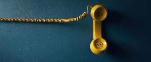 The vintage yellow telephone hanging against a blue wall in a minimalist setting. photo