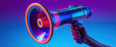 The vibrant megaphone with neon accents in a dynamic studio setting. photo