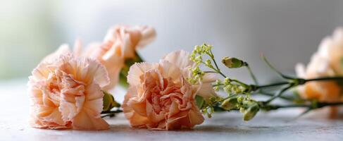 The soft pink carnations beautifully arranged on a delicate surface. photo