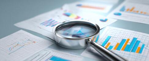 The magnifying glass highlighting detailed charts and graphs for business analysis. photo