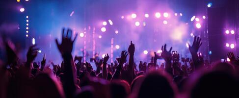 The vibrant hands of a lively crowd at a concert under colorful lights. photo