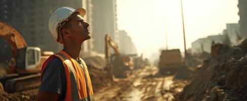 The construction worker gazing upward at a developing urban landscape. photo
