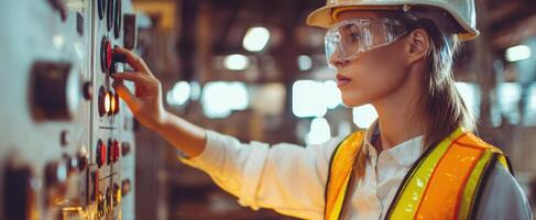 The skilled engineer operating machinery in an industrial factory setting. photo