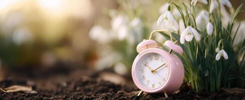 The beautiful pink alarm clock surrounded by blooming snowdrop flowers in spring. photo