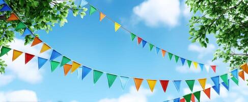 The colorful bunting decorations swaying gently under a bright blue sky. photo