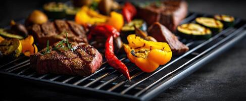 The sizzling steak and vibrant vegetables on the grill. photo