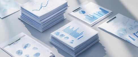 The collection of business reports and graphs showcasing data analysis trends. photo