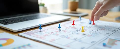 The calendar being marked with colorful pins to enhance productivity and organization. photo