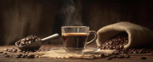 The steaming cup of espresso surrounded by aromatic coffee beans and burlap. photo