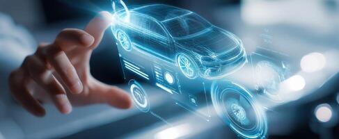 The digital hologram of a car representing future automotive technology. photo