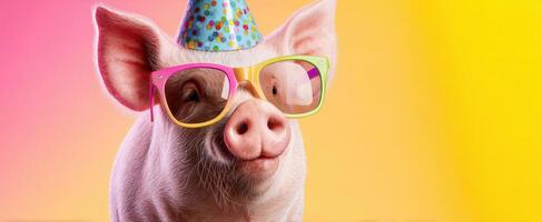 The cheerful pig wearing glasses and a party hat celebrates in vibrant colors photo