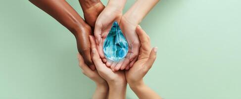 The hands holding a water droplet symbolize unity and environmental care. photo