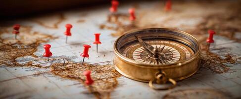 The compass on a vintage map with red pushpins marking locations. photo
