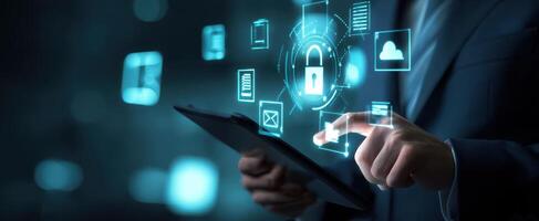 The businessman interacting with futuristic digital security interface on tablet. photo