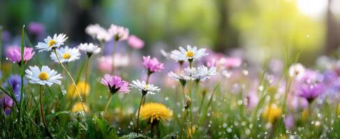 The beautiful wildflowers blooming in a sunlit meadow during springtime. photo