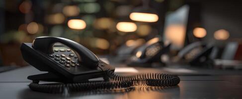 The vintage telephone resting on a modern office desk with ambient lighting. photo