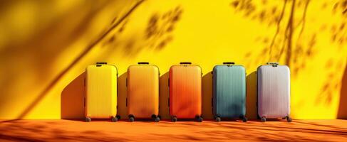 The vibrant suitcases lined up against a bright yellow background. photo