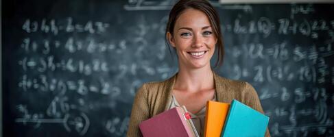 The confident teacher holding colorful books in a classroom setting. photo
