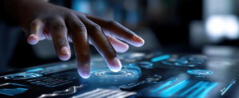 The Hand Interacting with a Futuristic Digital Interface for Data Analysis photo