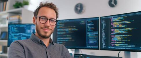 The programmer smiling confidently at his modern tech workspace with dual monitors. photo