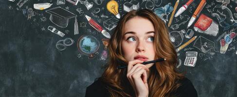 The thoughtful student surrounded by creative educational elements on a chalkboard. photo