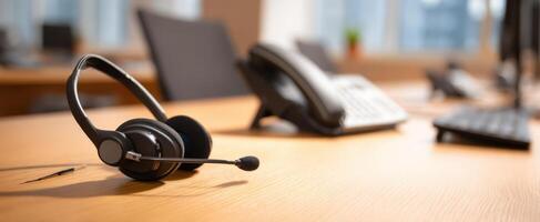 The modern headset on a desk in a professional office environment. photo