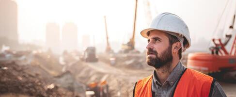 The confident construction worker overseeing the urban building site. photo