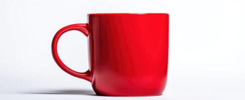 The vibrant red mug standing alone against a clean, minimal background. photo