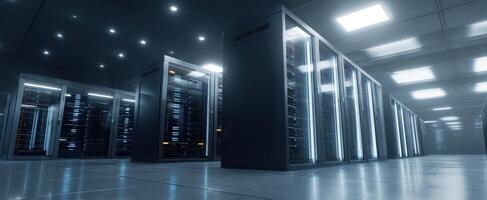 The modern data center filled with advanced server technology and bright lighting. photo