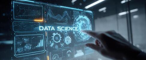 The interaction with a futuristic data science display in a digital environment. photo