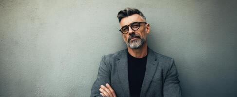 The confident man in a stylish blazer with glasses against a minimalist background. photo