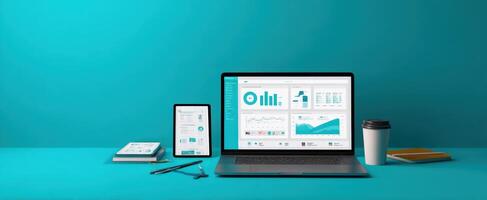 The workspace featuring a laptop and tablet with data visualization elements. photo