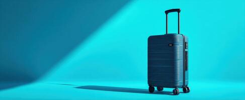 The sleek blue suitcase on a vibrant background ready for travel adventures. photo