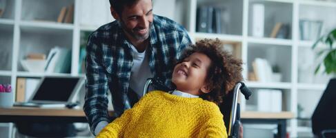 The father and daughter share a joyful moment in a modern home office. photo