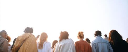 The group of diverse friends enjoying a sunset together outdoors photo